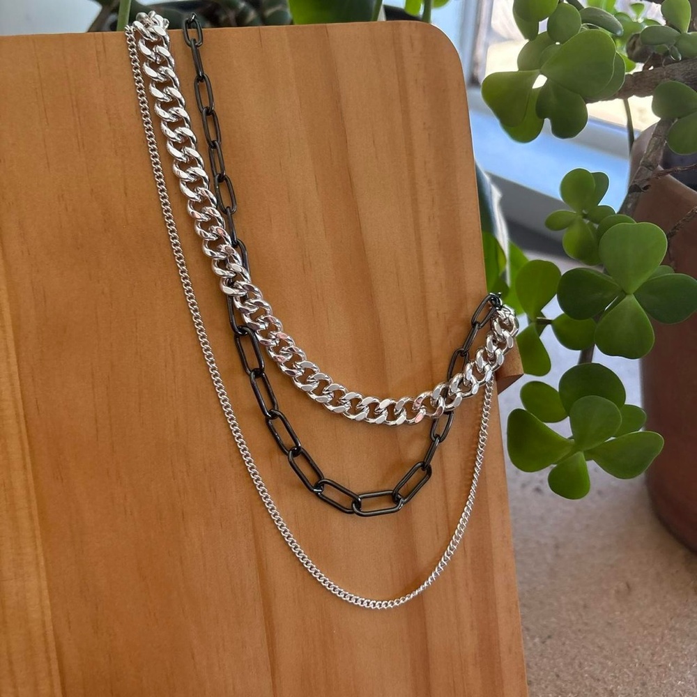 Silver and Black Layered Chain Necklace